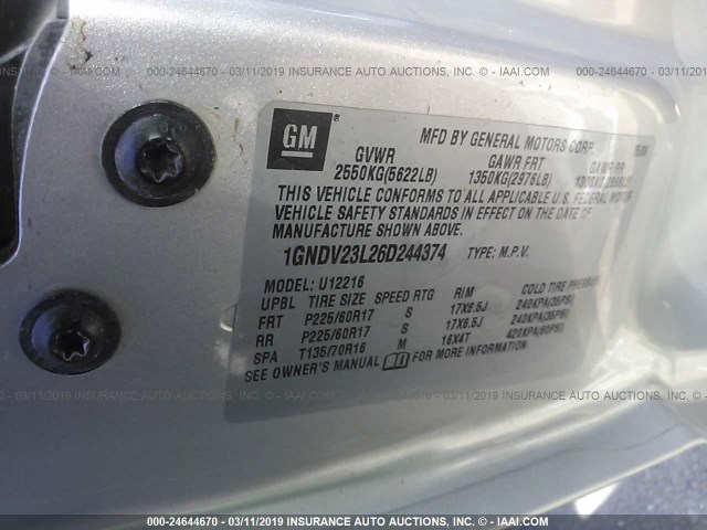 1GNDV23L26D244374 - 2006 CHEVROLET UPLANDER LS GRAY photo 9