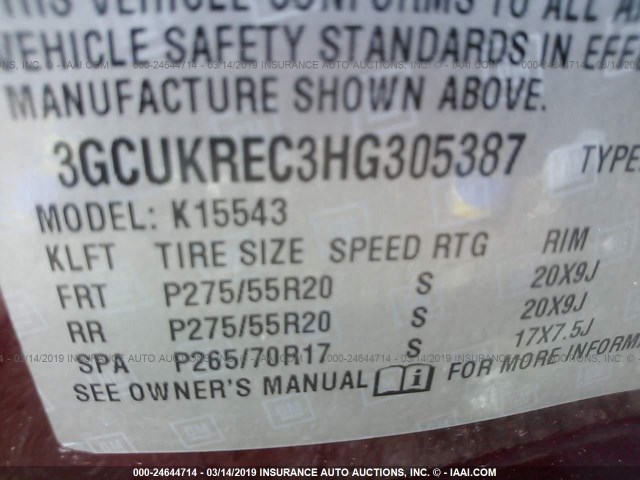 3GCUKREC3HG305387 - 2017 CHEVROLET SILVERADO K1500 LT BURGUNDY photo 9