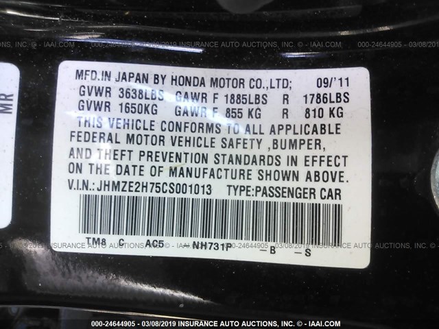 JHMZE2H75CS001013 - 2012 HONDA INSIGHT EX BLACK photo 9