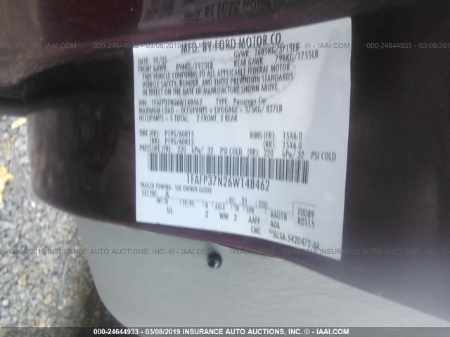 1FAFP37N26W148462 - 2006 FORD FOCUS ZX5 BURGUNDY photo 9