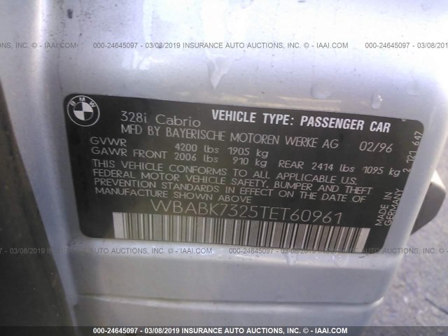 WBABK7325TET60961 - 1996 BMW 328 IC SILVER photo 9