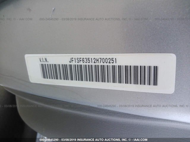 JF1SF63512H700251 - 2002 SUBARU FORESTER L SILVER photo 9