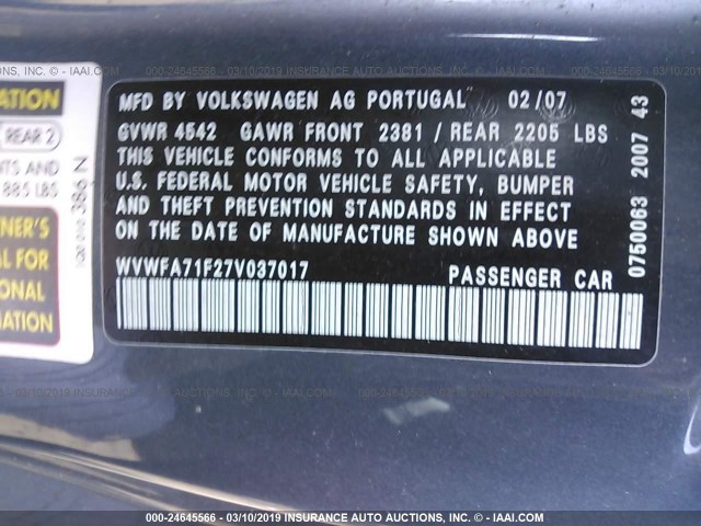 WVWFA71F27V037017 - 2007 VOLKSWAGEN EOS 2.0T LUXURY GRAY photo 9