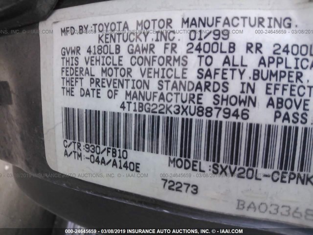 4T1BG22K3XU887946 - 1999 TOYOTA CAMRY CE/LE/XLE GRAY photo 9