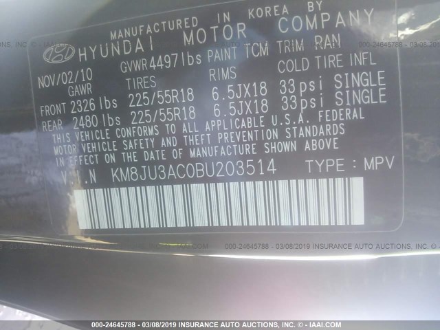 KM8JU3AC0BU203514 - 2011 HYUNDAI TUCSON GLS/LIMITED 黑色 照片 9