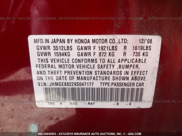 JHMGE88229S047177 - 2009 HONDA FIT RED photo 9