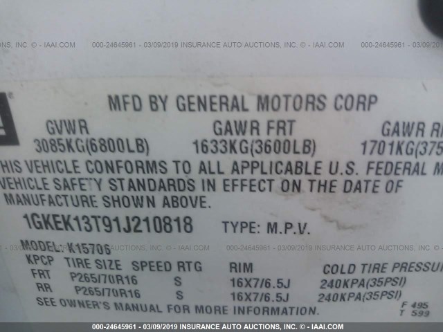 1GKEK13T91J210818 - 2001 GMC YUKON WHITE photo 9