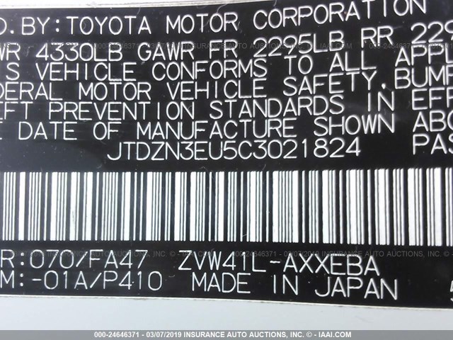 JTDZN3EU5C3021824 - 2012 TOYOTA PRIUS V WHITE photo 9