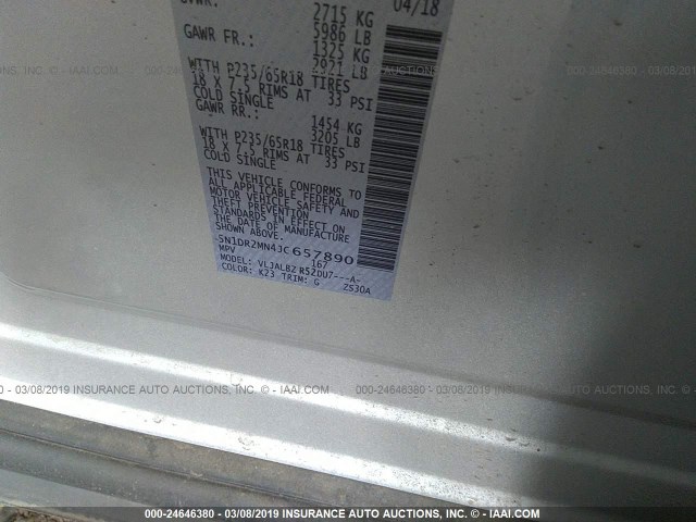 5N1DR2MN4JC657890 - 2018 NISSAN PATHFINDER S/SV/SL/PLATINUM SILVER photo 9