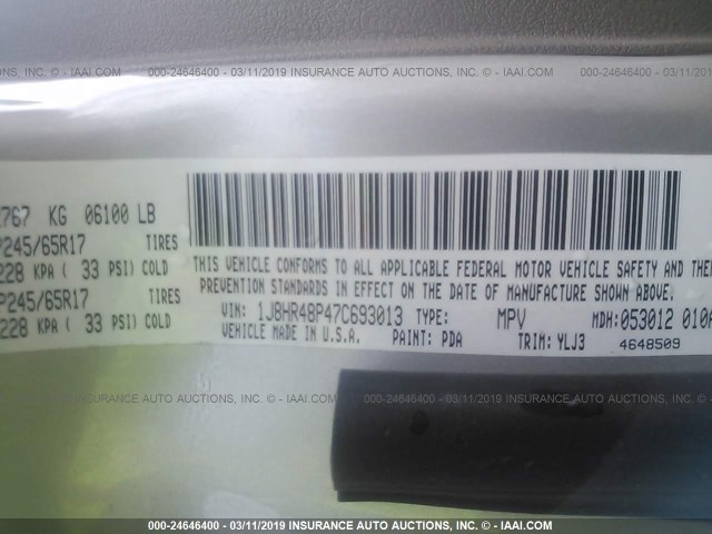 1J8HR48P47C693013 - 2007 JEEP GRAND CHEROKEE LAREDO/COLUMBIA/FREEDOM 灰色 照片 9