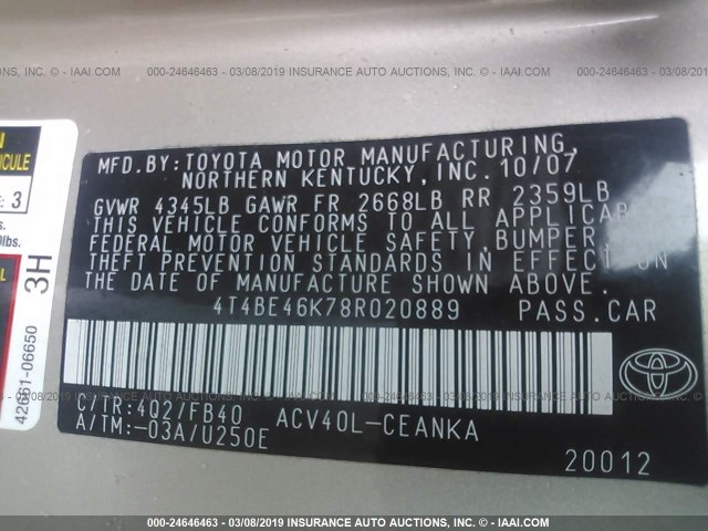 4T4BE46K78R020889 - 2008 TOYOTA CAMRY CE/LE/XLE/SE GOLD photo 9