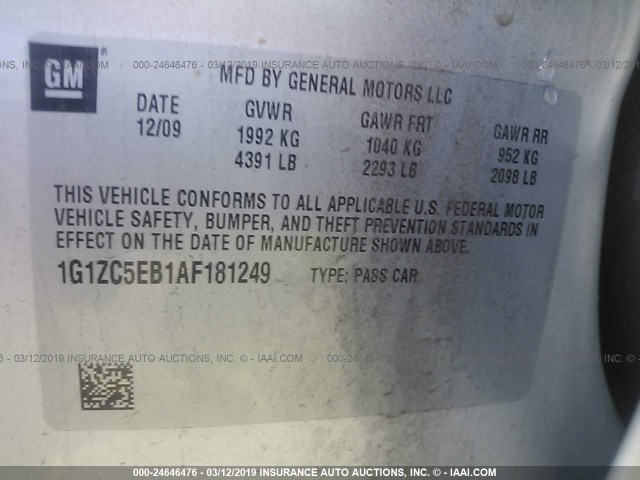 1G1ZC5EB1AF181249 - 2010 CHEVROLET MALIBU 1LT 银色 照片 9