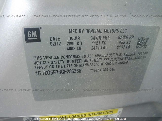 1G1ZG5E78CF285336 - 2012 CHEVROLET MALIBU LTZ ვერცხლისფერი ფოტო 9