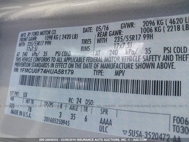 1FMCU0F74HUA58179 - 2017 FORD ESCAPE S SILVER photo 9