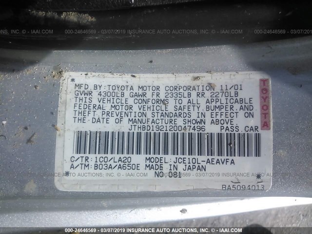 JTHBD192120047496 - 2002 LEXUS IS 300 SILVER photo 9