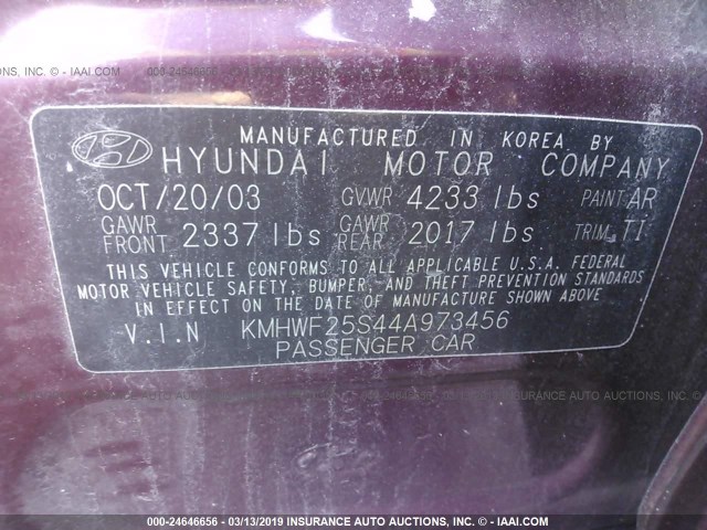 KMHWF25S44A973456 - 2004 HYUNDAI SONATA GL RED photo 9