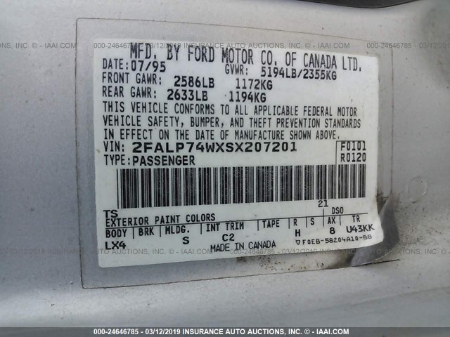 2FALP74WXSX207201 - 1995 FORD CROWN VICTORIA LX SILVER photo 9