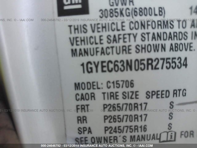 1GYEC63N05R275534 - 2005 CADILLAC ESCALADE LUXURY WHITE photo 9