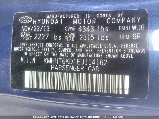 KMHHT6KD1EU114162 - 2014 HYUNDAI GENESIS COUPE 2.0T BLUE photo 9