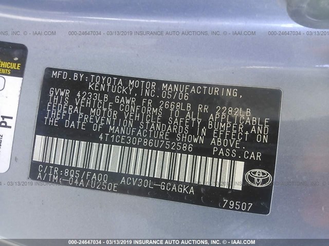 4T1CE30P86U752586 - 2006 TOYOTA CAMRY SOLARA SE/SLE Light Blue photo 9