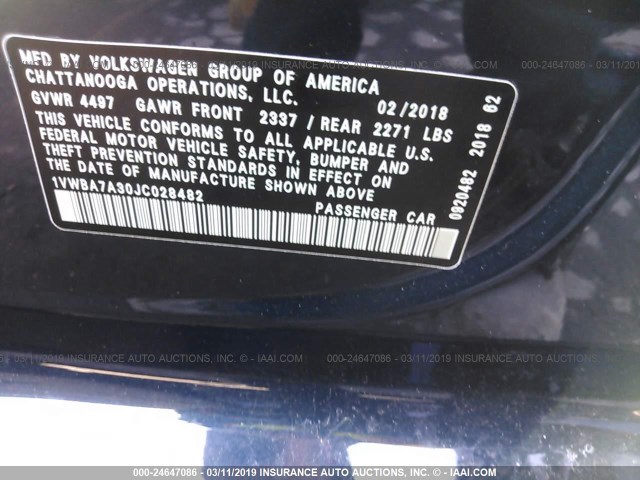 1VWBA7A30JC028482 - 2018 VOLKSWAGEN PASSAT SE BLUE photo 9