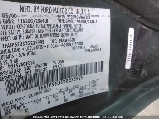 1FAFP55U8YG235995 - 2000 FORD TAURUS SES GREEN photo 9