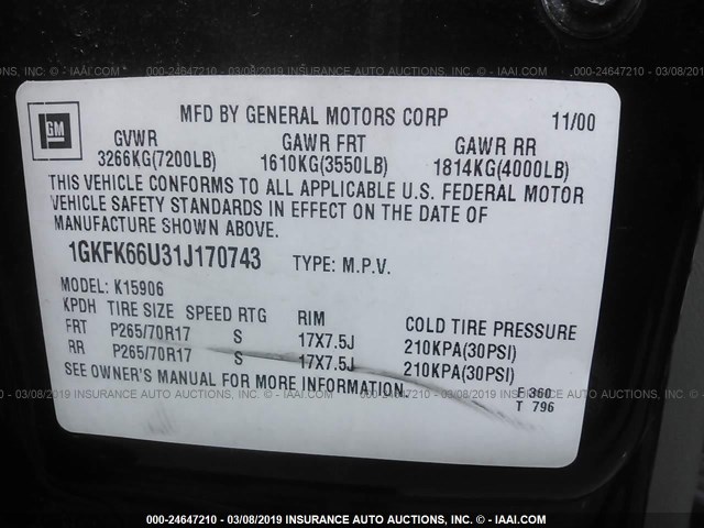 1GKFK66U31J170743 - 2001 GMC DENALI XL K1500 BLACK photo 9