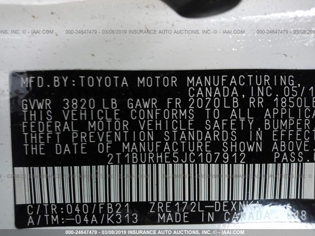 2T1BURHE5JC107912 - 2018 TOYOTA COROLLA L/LE/XLE/SE/XSE 白色 照片 9