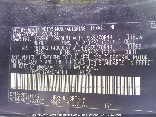 5TFRM5F12AX014189 - 2010 TOYOTA TUNDRA DOUBLE CAB SR5 BLACK photo 9