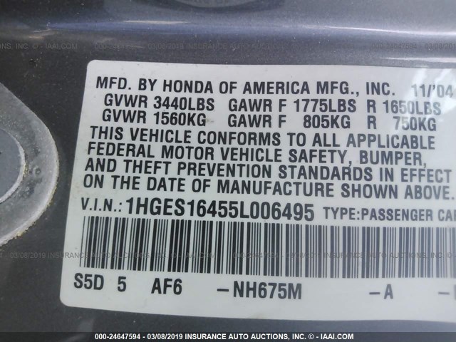 1HGES16455L006495 - 2005 HONDA CIVIC DX GRAY photo 9