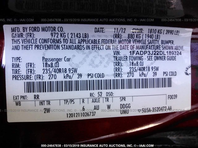 1FADP3J22DL189324 - 2013 FORD FOCUS TITANIUM RED photo 9