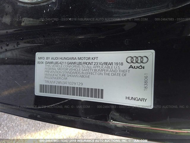 TRUWF28N341029129 - 2004 AUDI TT 3.2 QUATTRO BLACK photo 9