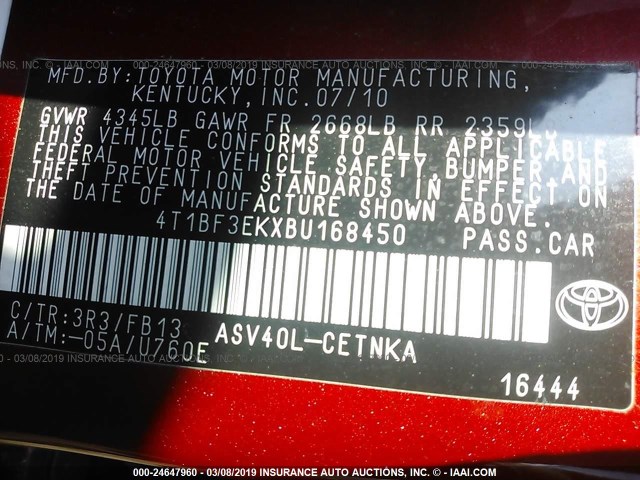 4T1BF3EKXBU168450 - 2011 TOYOTA CAMRY SE/LE/XLE RED photo 9