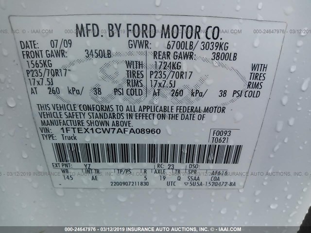 1FTEX1CW7AFA08960 - 2010 FORD F150 SUPER CAB WHITE photo 9