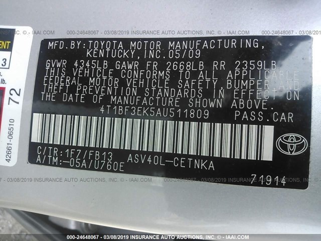 4T1BF3EK5AU511809 - 2010 TOYOTA CAMRY SE/LE/XLE SILVER photo 9