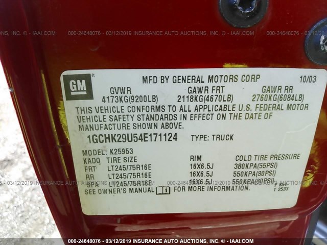 1GCHK29U54E171124 - 2004 CHEVROLET SILVERADO K2500 HEAVY DUTY RED photo 9