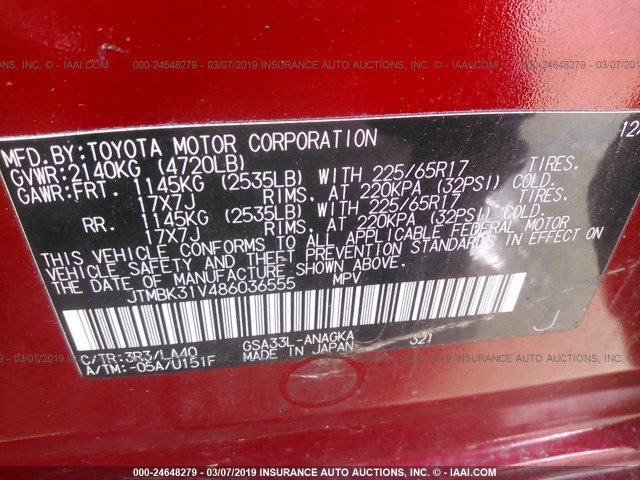 JTMBK31V486036555 - 2008 TOYOTA RAV4 LIMITED RED photo 9