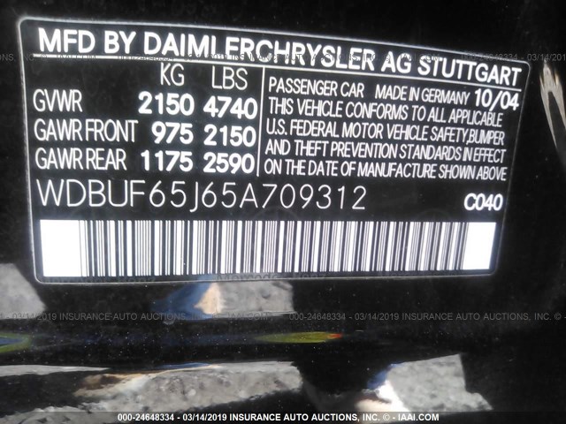 WDBUF65J65A709312 - 2005 MERCEDES-BENZ E 320 BLACK photo 9