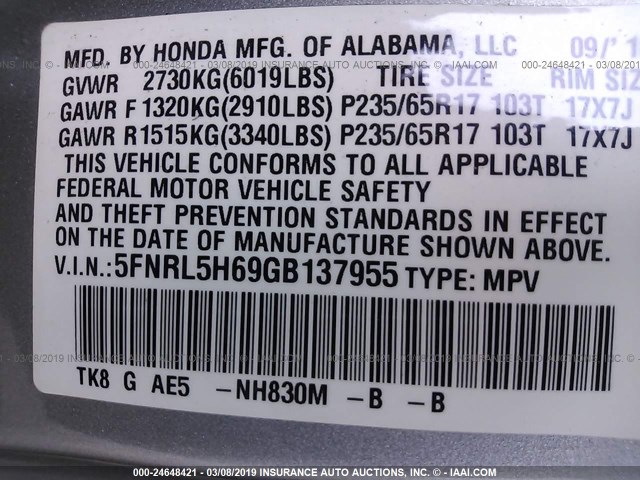 5FNRL5H69GB137955 - 2016 HONDA ODYSSEY EXL SILVER photo 9