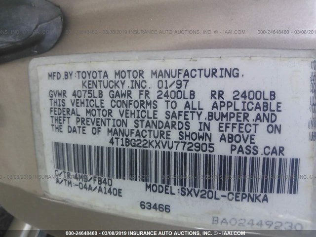 4T1BG22KXVU772905 - 1997 TOYOTA CAMRY CE/LE/XLE 灰色 照片 9