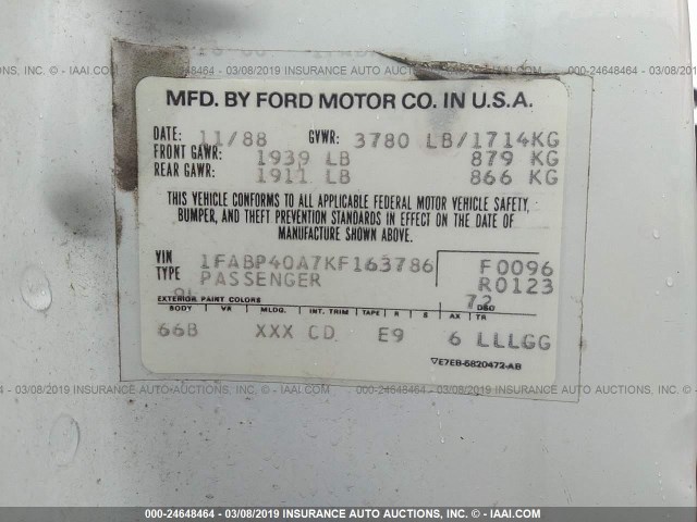 1FABP40A7KF163786 - 1989 FORD MUSTANG LX WHITE photo 9