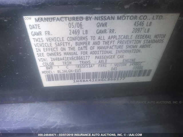 1N4BA41EX6C866177 - 2006 NISSAN MAXIMA SE/SL BLUE photo 9