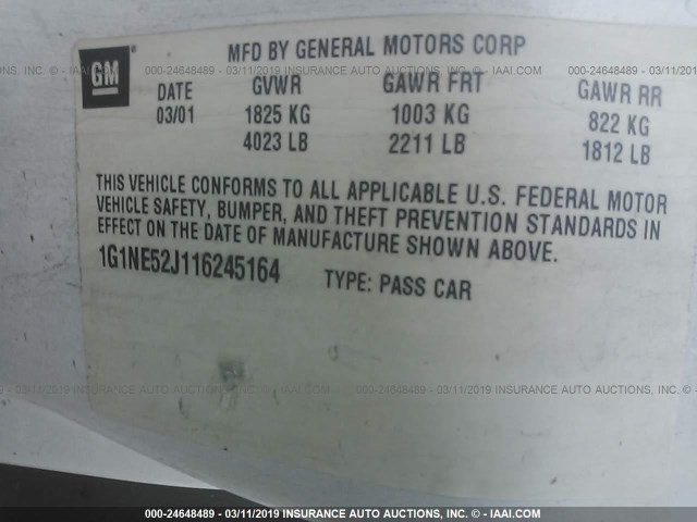 1G1NE52J116245164 - 2001 CHEVROLET MALIBU LS WHITE photo 9
