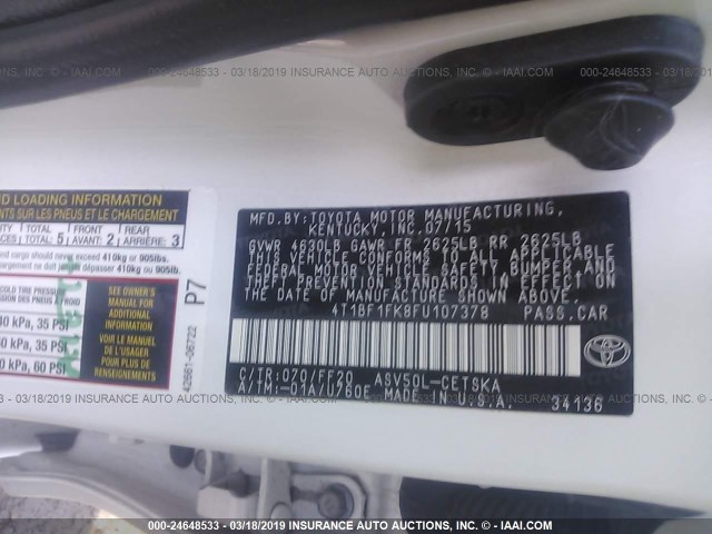 4T1BF1FK8FU107378 - 2015 TOYOTA CAMRY LE/XLE/SE/XSE WHITE photo 9