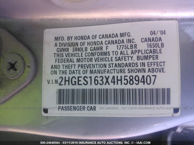 2HGES163X4H589407 - 2004 HONDA CIVIC DX VP SILVER photo 9