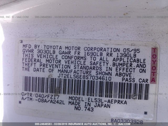 JT2EL56E8S7034610 - 1995 TOYOTA TERCEL DX WHITE photo 9