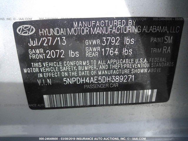 5NPDH4AE5DH389271 - 2013 HYUNDAI ELANTRA GLS/LIMITED GRAY photo 9