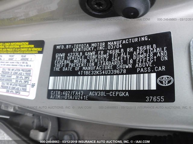 4T1BE32K54U339678 - 2004 TOYOTA CAMRY LE/XLE/SE GOLD photo 9