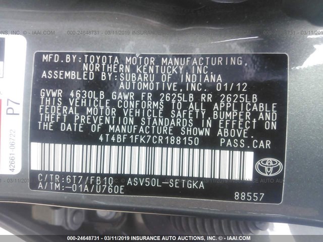 4T4BF1FK7CR188150 - 2012 TOYOTA CAMRY SE/LE/XLE GRAY photo 9