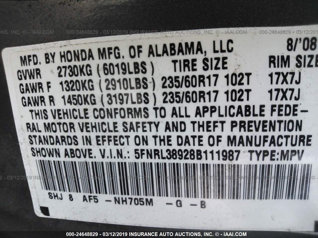 5FNRL38928B111987 - 2008 HONDA ODYSSEY TOURING GRAY photo 9